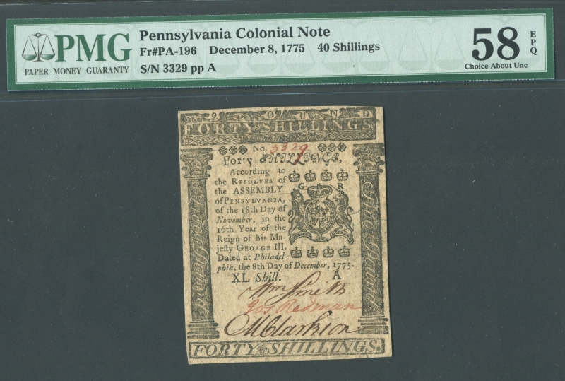PA-196, Pennsylvania Colonial Note, 40 Shillings, 12/8/1775